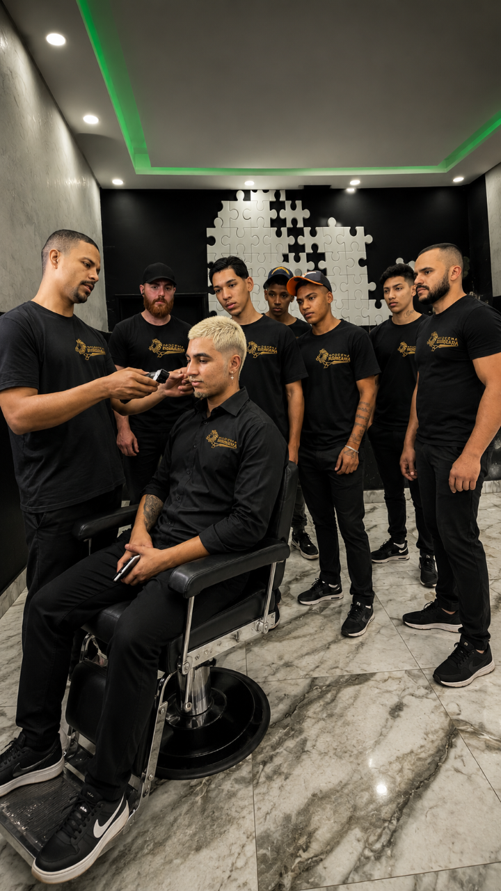 Treinamento prático com alunos na Moderna Barbearia Escola